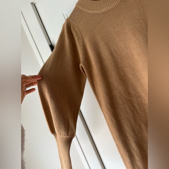 NWOT French Connection Babysoft Knit Camel Tan Balloon Sleeve Sweater Mini Dress - Picture 9 of 10